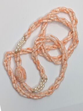 Angel Skin Coral Necklace Carved With Genuine Pearls 10K Gold Beads Necklace